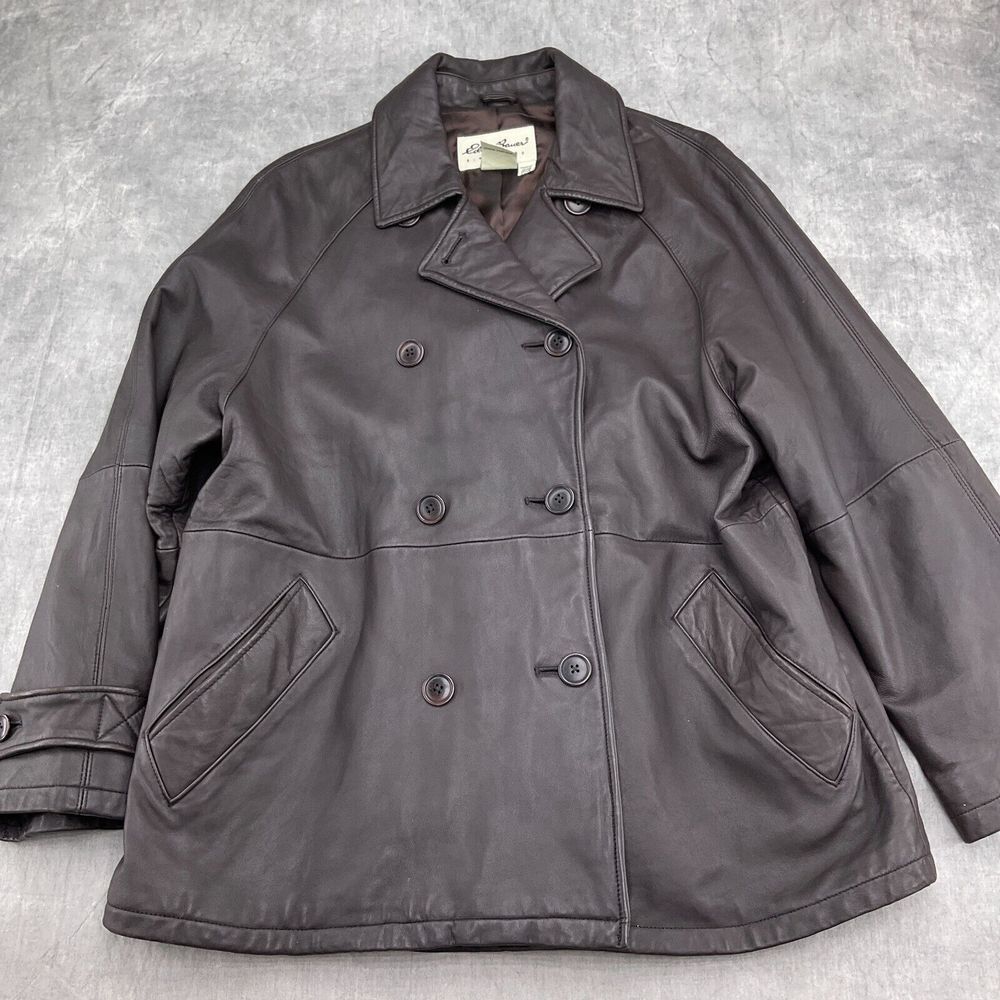 Eddie Bauer Jacket Women L Brown Leather Double Breasted Pea Coat‎ Car Classic